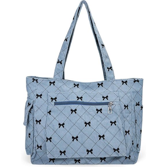 Tote Bag Cute Corduroy Shoulder Bag Blue Bow Tie Canvas Bags Large V :O - Picture 1 of 7